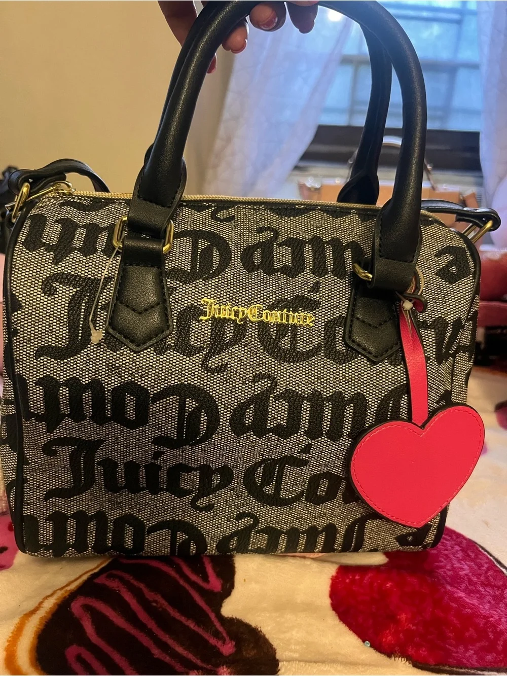 Juicy Couture Black Logo Canvas Satchel with Hot Pink Heart Charm